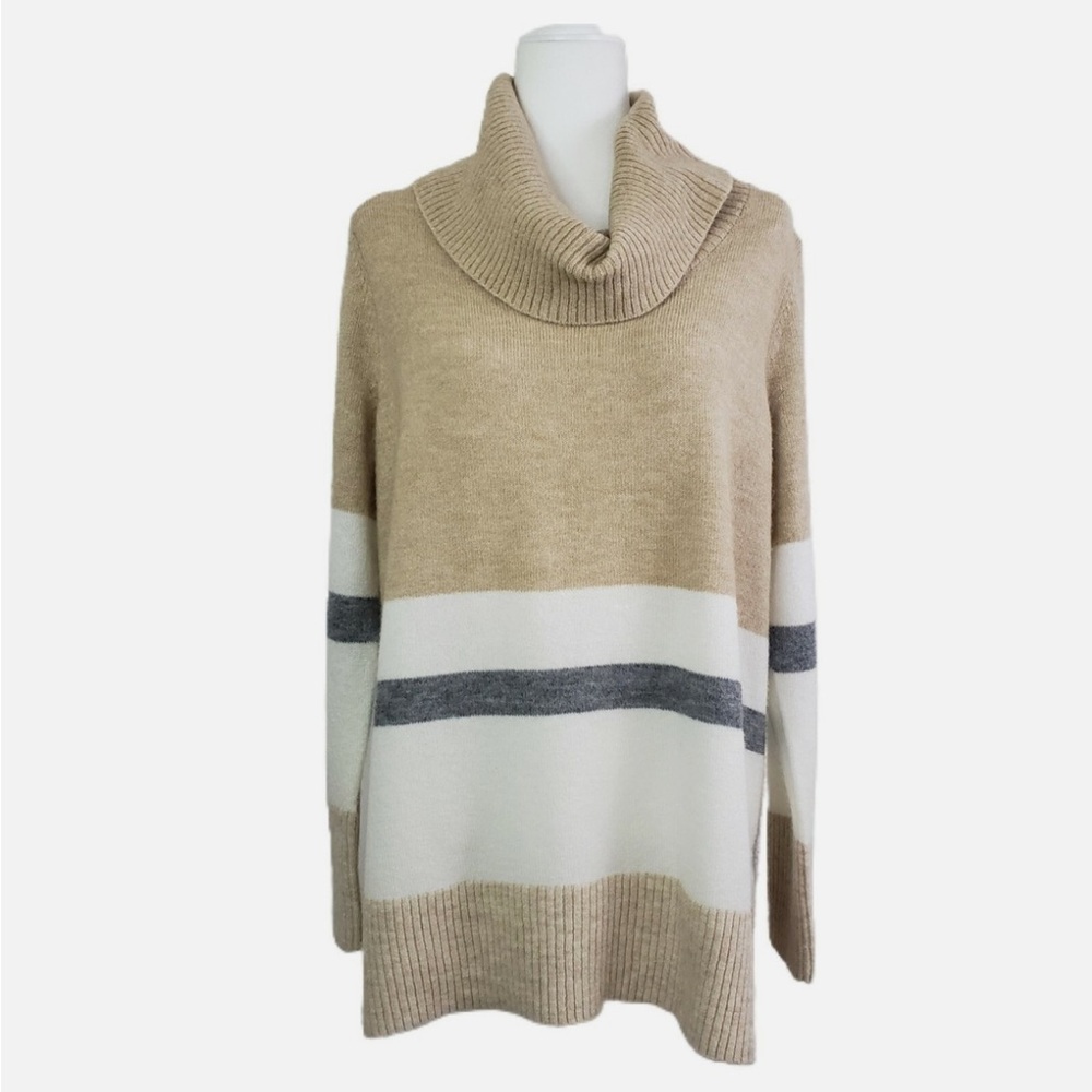 DKNY Tan, White, and Gray Cowl Neck Sweater